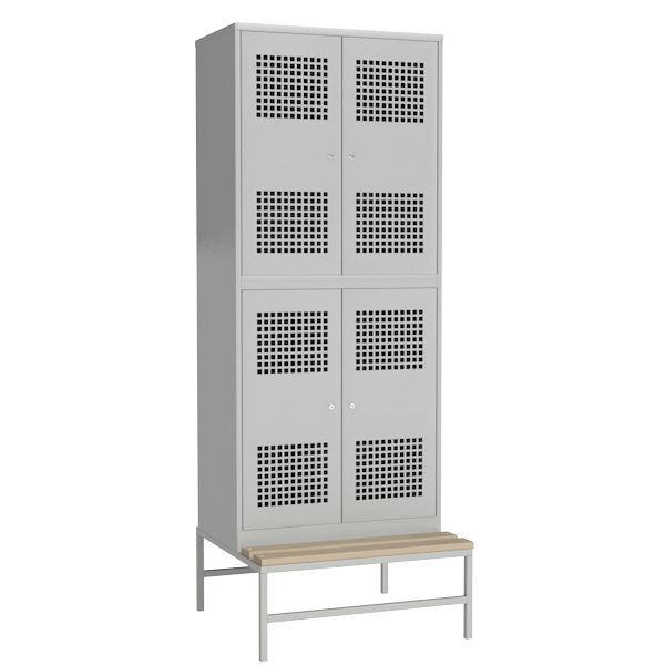 металлический шкаф для раздевалки перфорированный на подставке со скамьей фото артикул 22720
