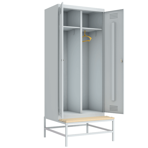 гардеробный шкаф для раздевалок на подставке с деревянной скамьей фото артикул 22805