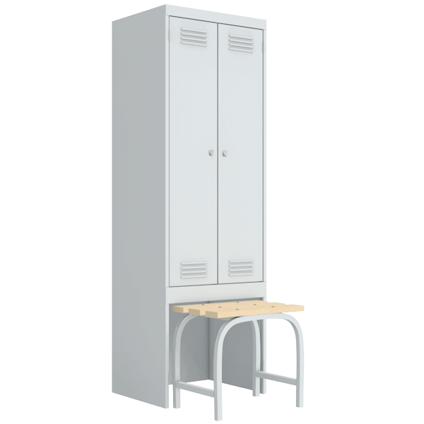 Шкаф для одежды двухстворчатый с выдвижной скамьей светло-серый (RAL 7035)