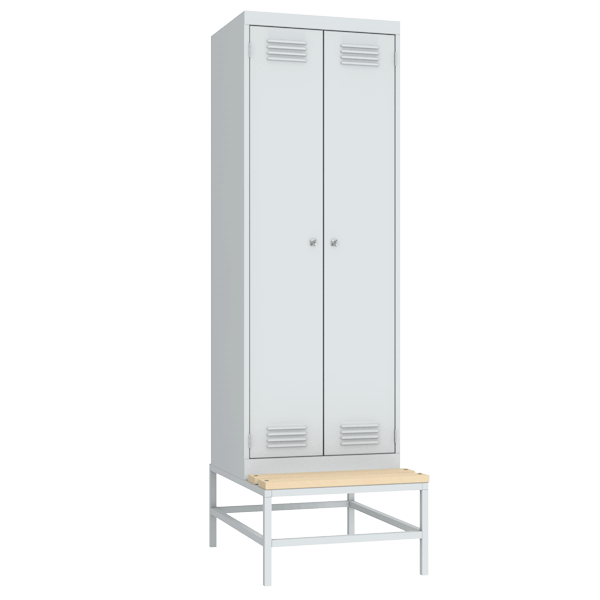 Гардеробный шкаф для раздевалок на подставке с деревянной скамьей светло-серый (RAL 7035)