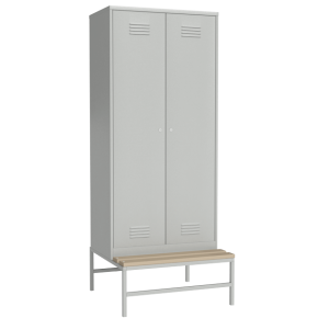 шкафчик металлический для одежды на подставке со скамейкой фото