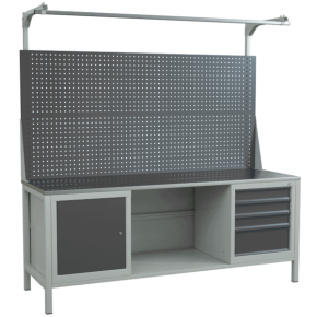 верстак 2000 с двойным экраном, тумбой с полкой и тумбой с выдвижными ящиками фото