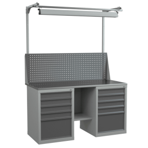 верстак 1500 с 2 тумбами, светодиодным светильником, экраном с консолями и полкой-стенкой фото