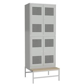 металлический шкаф для раздевалки перфорированный на подставке со скамьей фото