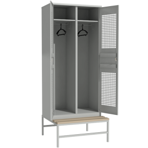 шкаф для раздевалки с перфорированными дверьми на подставке со скамьей фото