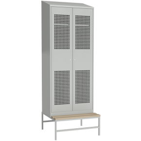 шкаф для раздевалки с перфорированными дверьми со скошенной крышей на подставке со скамьей фото