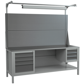 верстак 2000 со светильником, полкой, двойным экраном, тумбой с 4 выдвижными ящиками, подвесной тумбой с 3 выдвижными ящиками фото