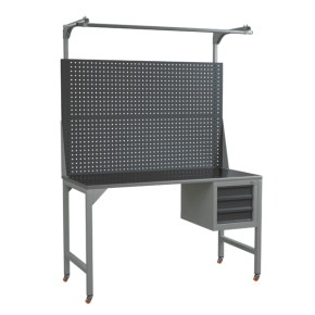 верстак 1500 с экраном с консолями, подвесной тумбой и поворотными колёсами фото