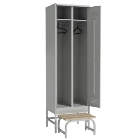 шкаф металлический для одежды на подставке со скамьей фото