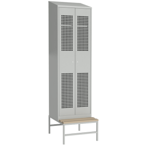 перфорированный металлический шкаф для хранения одежды с наклонной крышей на подставке со скамьей фото