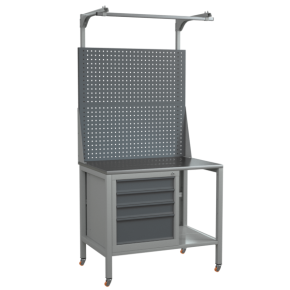 верстак на колесах 1000 с двойным экраном и тумбой с 4 выдвижными ящиками фото