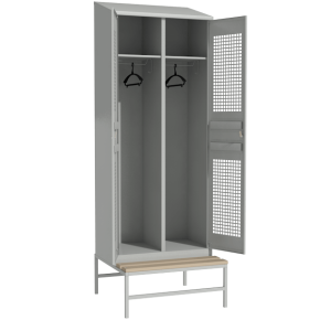 перфорированный металлический шкаф для хранения одежды с наклонной крышей на подставке со скамьей фото