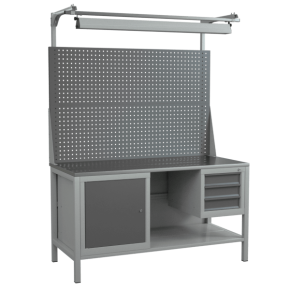 верстак 1500 со светильником, двойным экраном, полкой и 2 тумбами фото