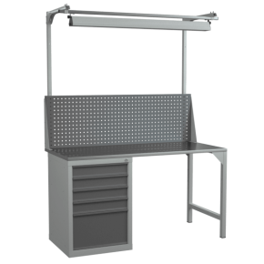 верстак 1500 с тумбой с выдвижными ящиками, светильником и экраном с консолями фото