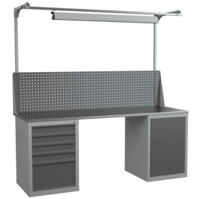 верстак 2000 со светильником, экраном, тумбой с дверцей и 2 полками, тумбой с 5 выдвижными ящиками фото