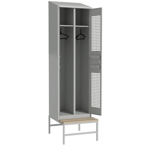 перфорированный металлический шкаф для хранения одежды с наклонной крышей на подставке со скамьей фото