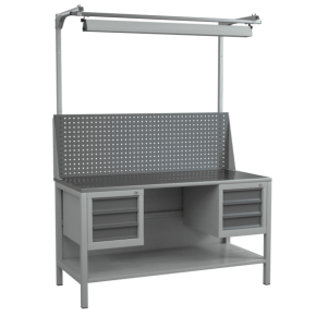 верстак 1500 с экраном, полкой, подвесными тумбами и светильником фото