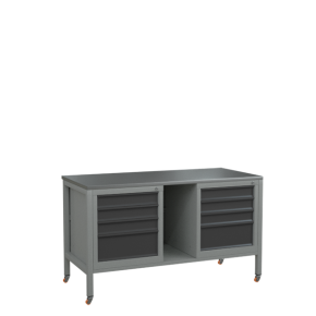 верстак 1500 с 2 тумбами с выдвижными ящиками, полкой и колёсами фото