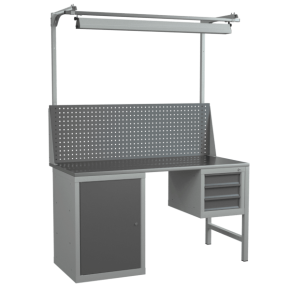 верстак 1500 с 2 тумбами, экраном с консолями и светодиодным светильником фото