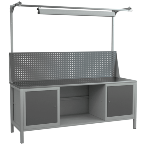 верстак 2000 со светильником, полкой, экраном и 2 тумбами с распашными дверцами и 2 полками фото