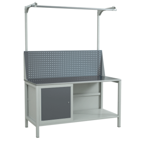 верстак 1500 с распашной тумбой с полкой и экраном с консолями сборный фото