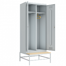 гардеробный шкаф для раздевалок на подставке с деревянной скамьей фото артикул 22805