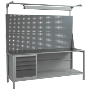 верстак 2000 со светильником, двойным экраном, полкой, тумбой с 4 выдвижными ящиками фото