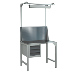 верстак 1000 с экраном, светодиодным светильником и подвесной тумбой с 3 выдвижными ящиками фото