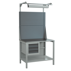 верстак 1000 с двойным экраном, полкой, светодиодным светильником и подвесной тумбой с 3 выдвижными ящиками фото