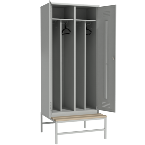 шкаф для раздевалки на 4 отделения на подставке со скамьей фото